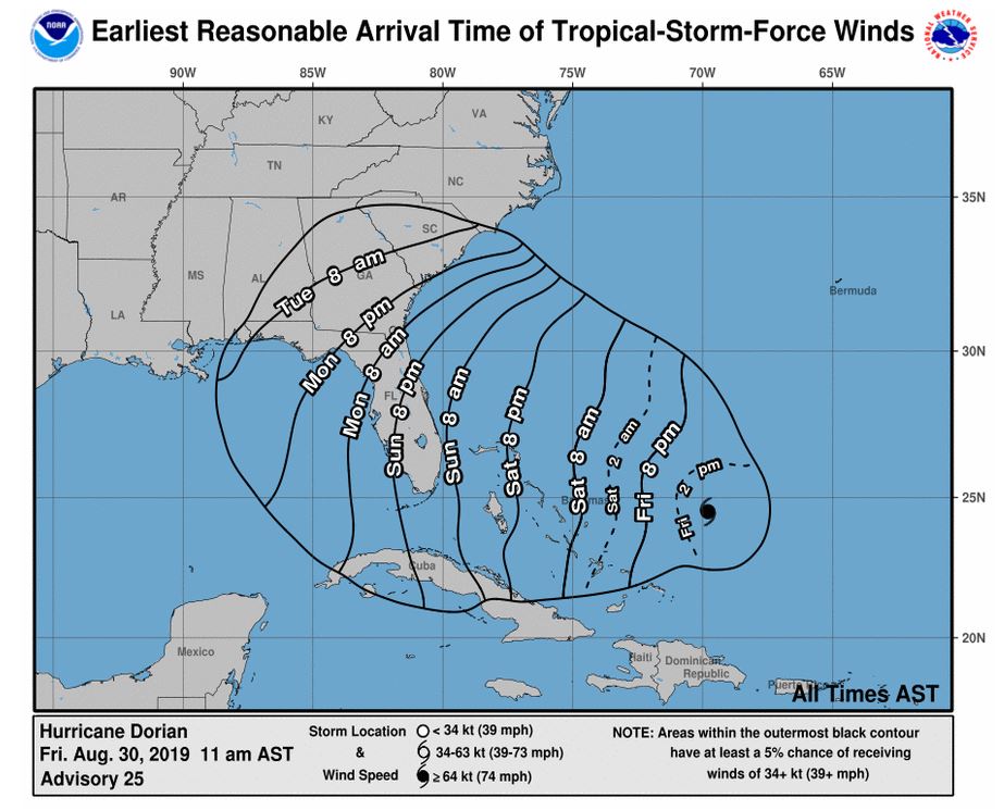 Earliest Arrival Time of Tropical Storm Force Winds 083019