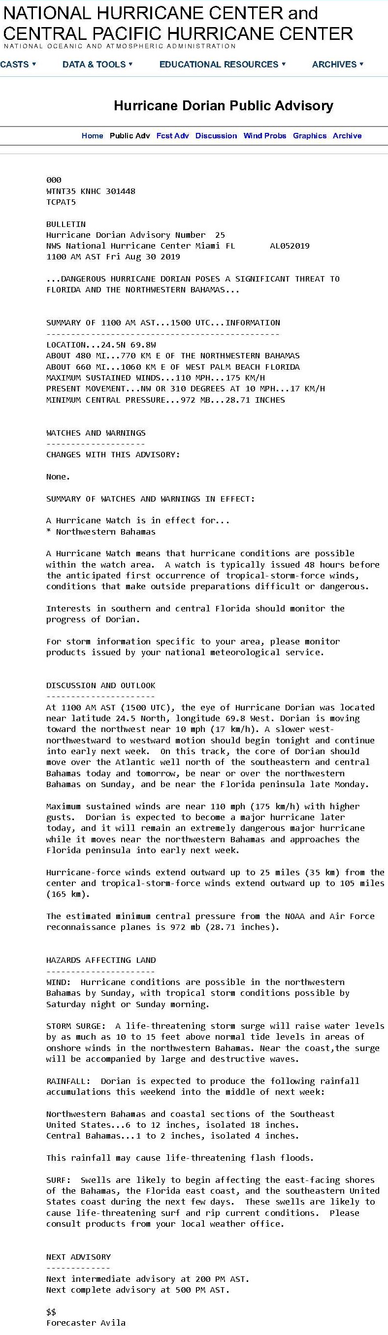 Hurricane Dorian NOAA Public Advisory 083019