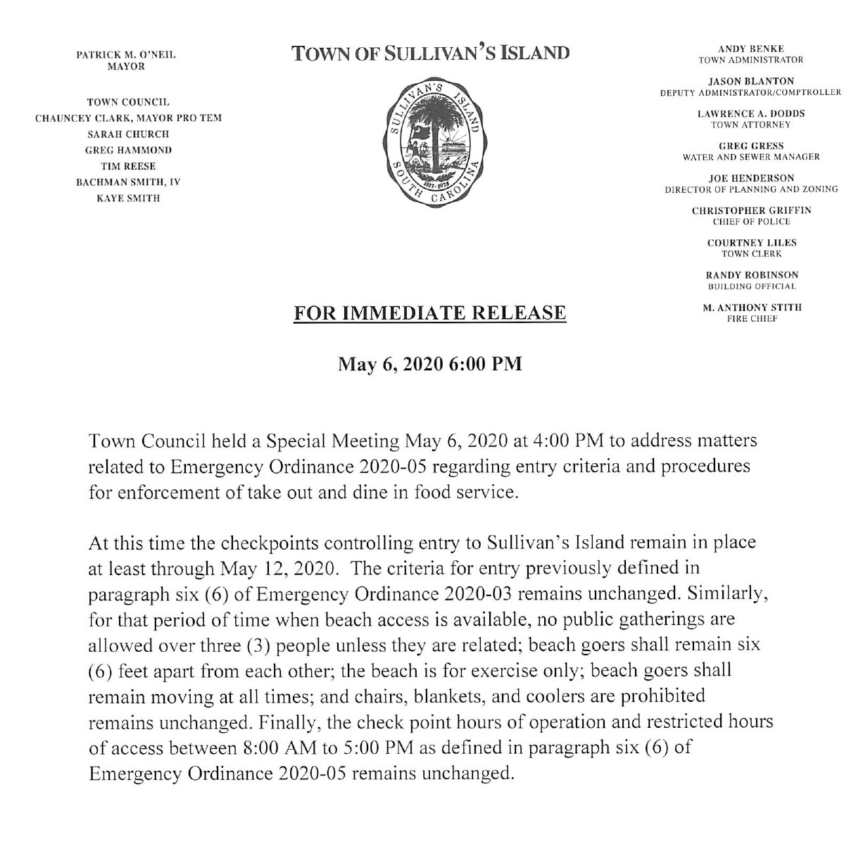PRESS RELEASE MAY 6, 2020